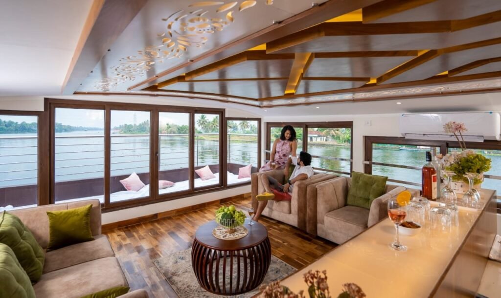 Premium houseboat interior with luxury seating area in Alleppey
