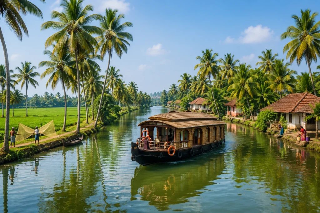 Traditional Kerala houseboat cruising through palm-lined backwaters near village life