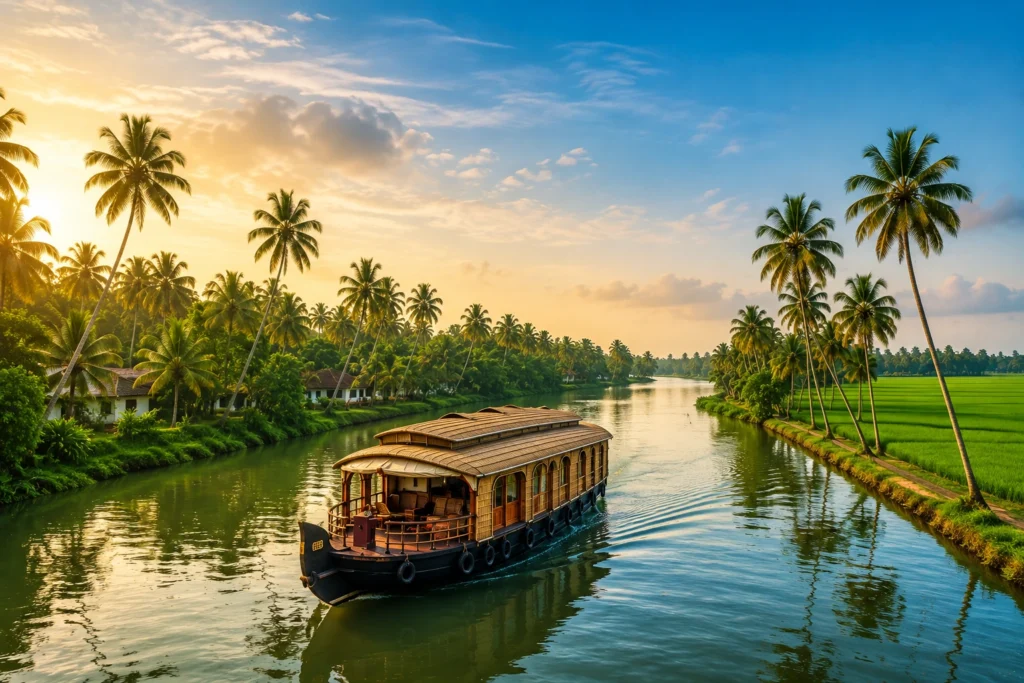 Traditional Kerala houseboat cruising through the scenic Kerala backwaters surrounded by coconut trees