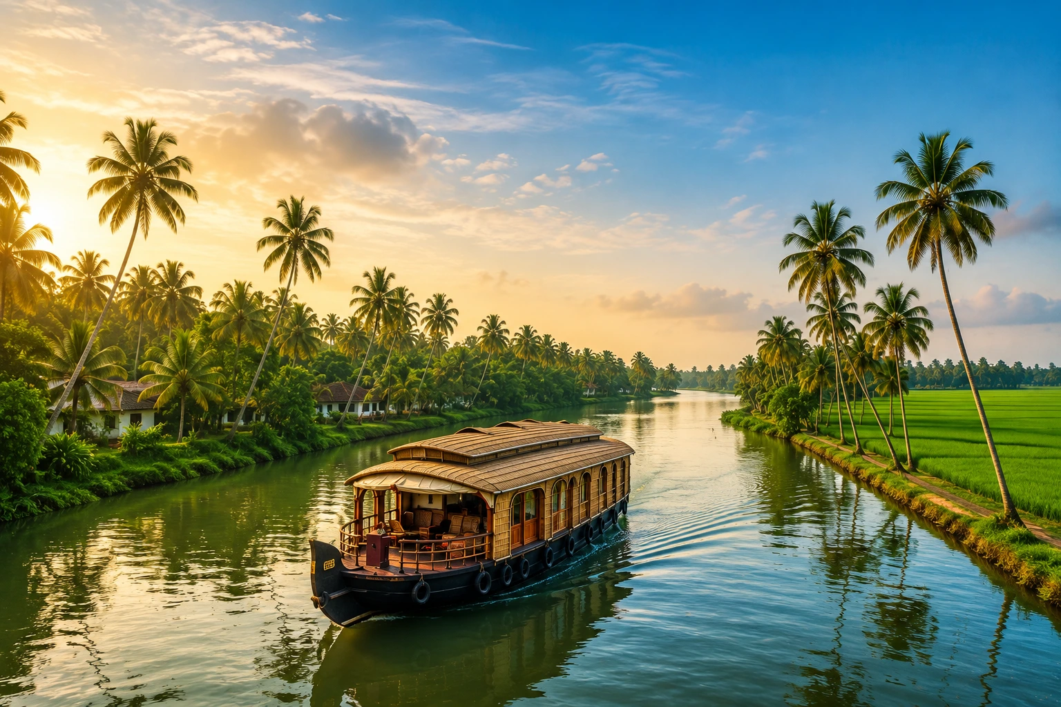 Traditional Kerala houseboat cruising through the scenic Kerala backwaters surrounded by coconut trees