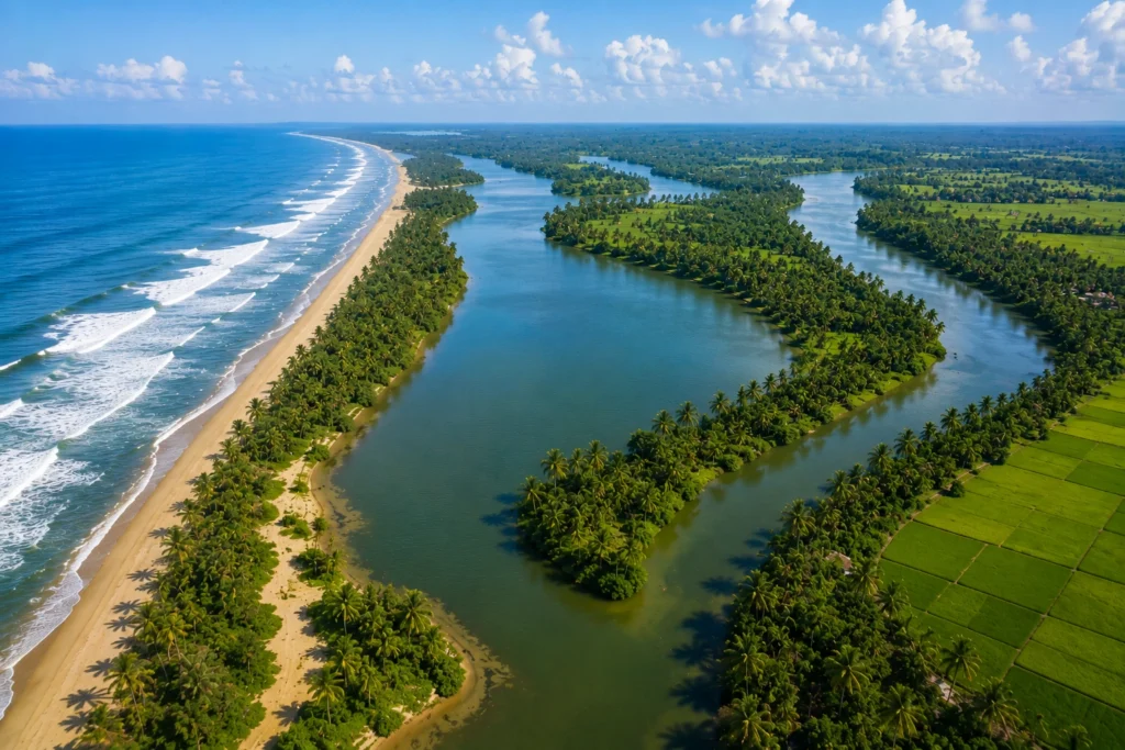 Aerial view of Kerala backwaters showing the Arabian Sea, barrier island and interconnected waterways