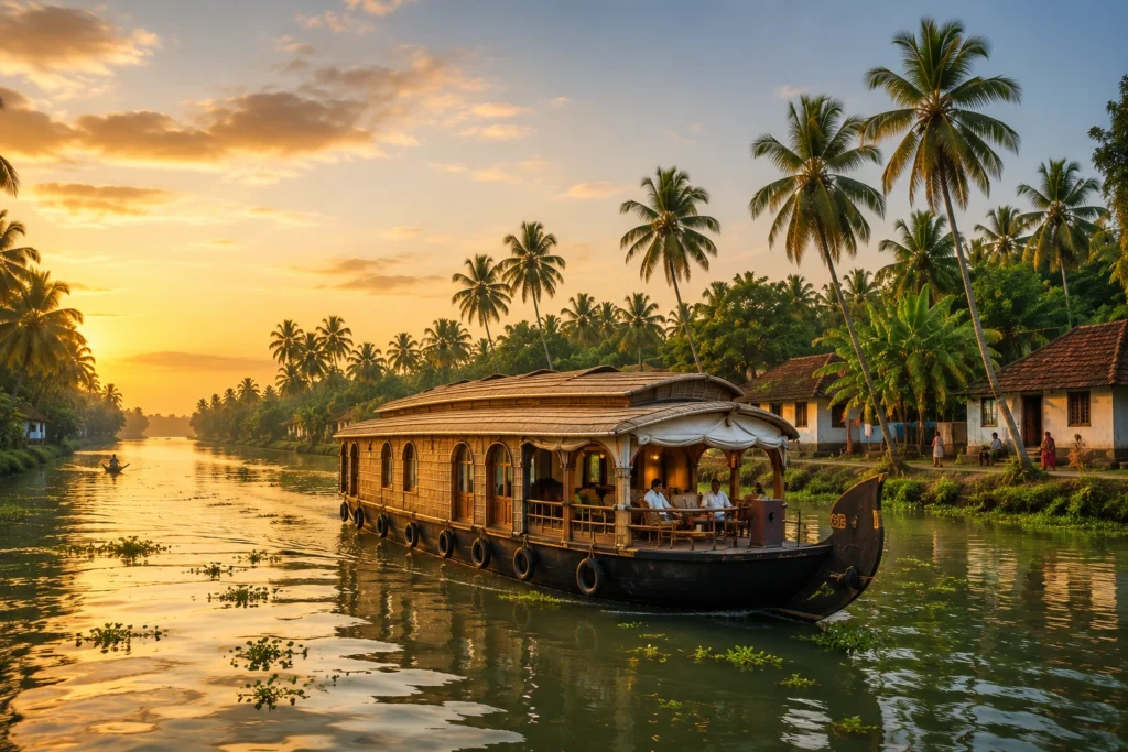 Luxury Kerala houseboat offering a peaceful backwater cruise in Alleppey