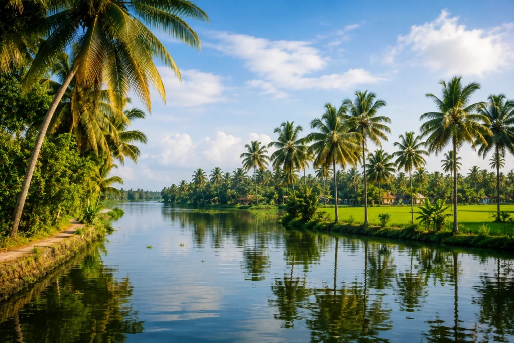 Scenic view of Kerala backwaters with interconnected canals, lakes and lush coconut groves