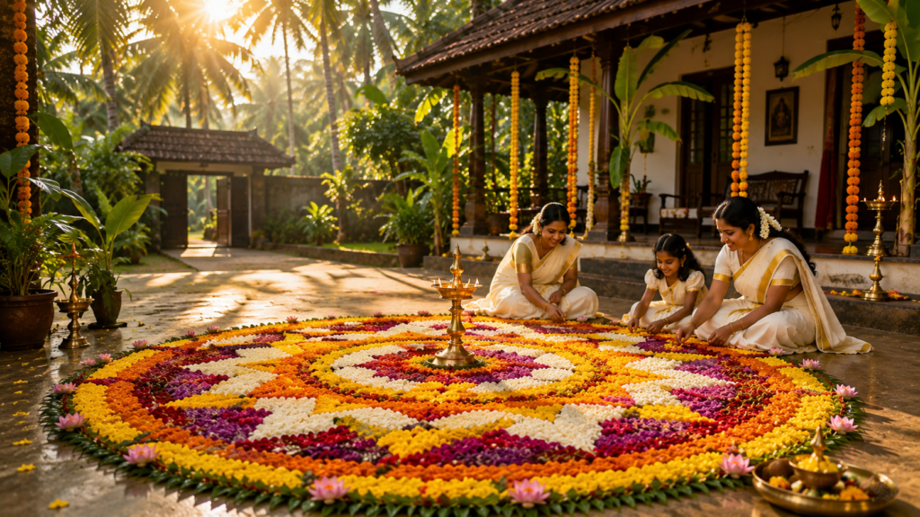 Traditional Onam pookalam celebration in Kerala