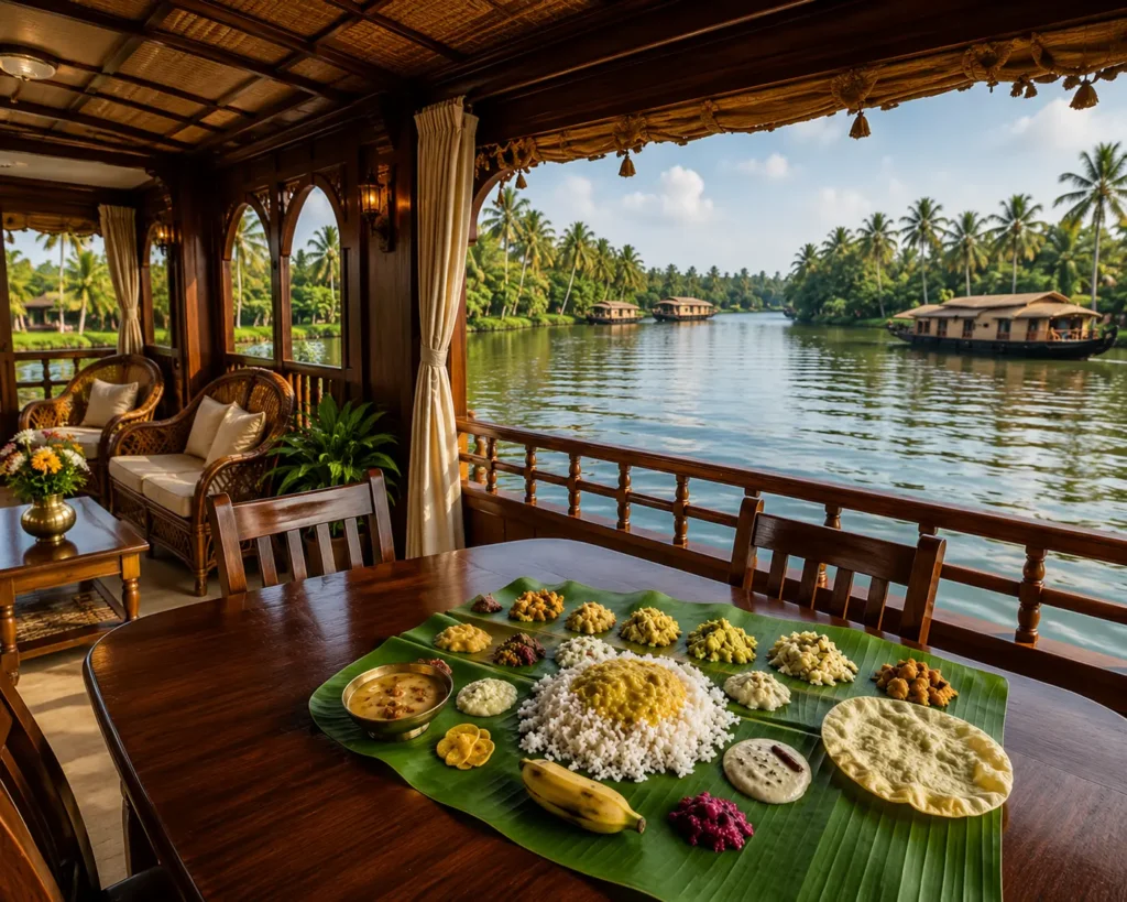 Kerala Onam Sadya served on a houseboat