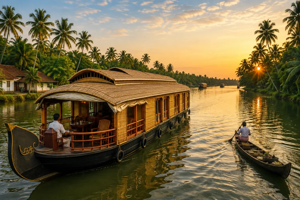 Luxury Kerala houseboat sailing through the peaceful Alleppey backwaters at sunset