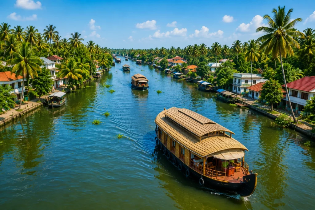 Traditional houseboats cruising through the palm-lined backwaters of Alleppey
