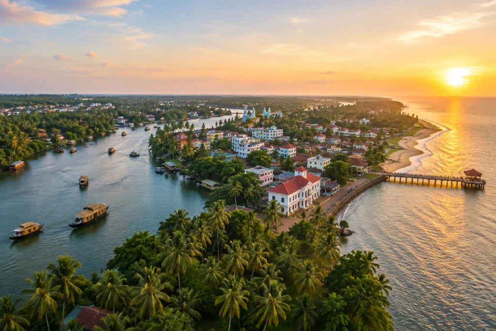 Aerial view of Alleppey featuring the backwaters, beach and tropical landscape