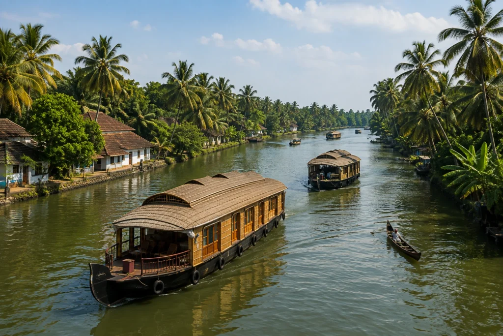 Wide canal in Alleppey surrounded by coconut trees, village homes and traditional houseboats