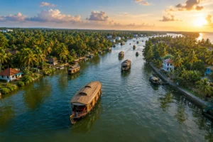 Aerial view of Alleppey backwaters with traditional houseboats, coconut trees and scenic waterways